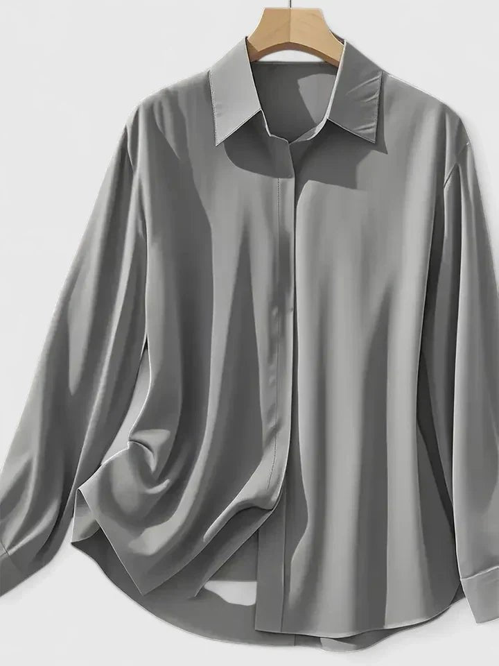 Women's Long-Sleeve Satin Blouse with Concealed Button Placket