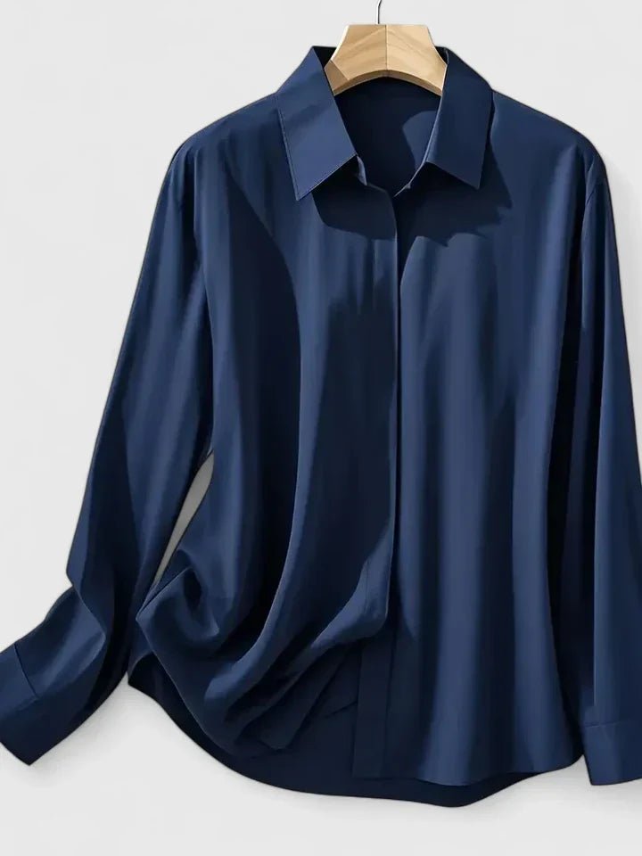 Women's Long-Sleeve Satin Blouse with Concealed Button Placket
