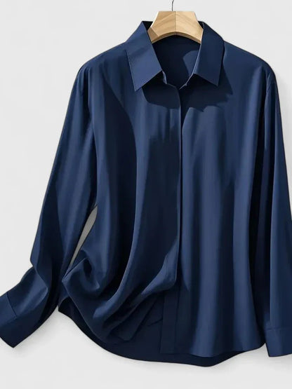 Women's Long-Sleeve Satin Blouse with Concealed Button Placket
