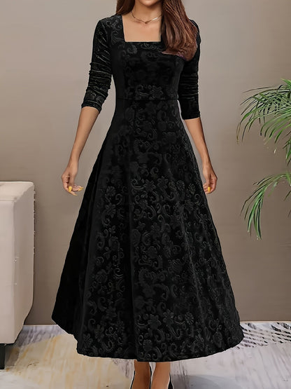 Women's Square-Neck Velvet A-Line Midi Dress with 3/4 Sleeves