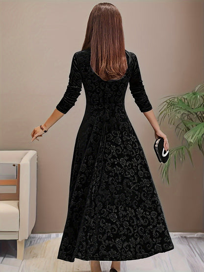 Women's Square-Neck Velvet A-Line Midi Dress with 3/4 Sleeves