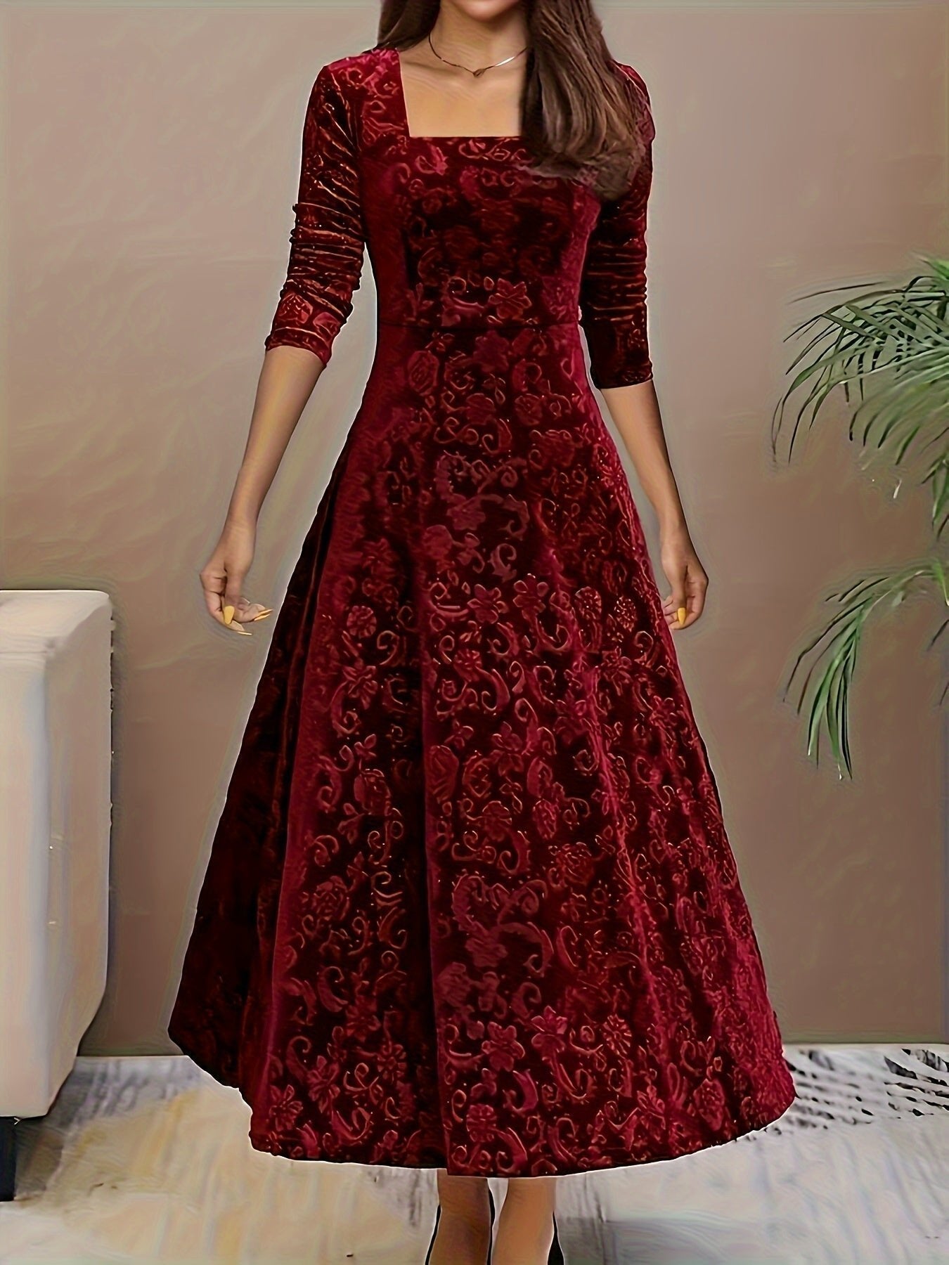 Women's Square-Neck Velvet A-Line Midi Dress with 3/4 Sleeves