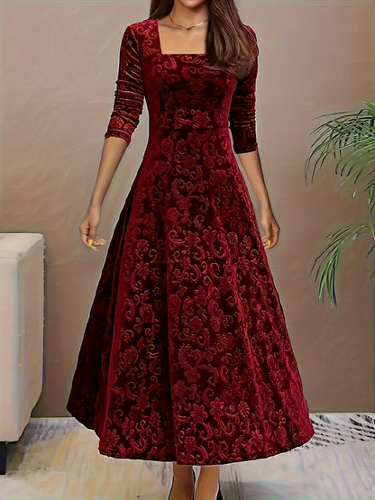 Women's Square-Neck Velvet A-Line Midi Dress with 3/4 Sleeves