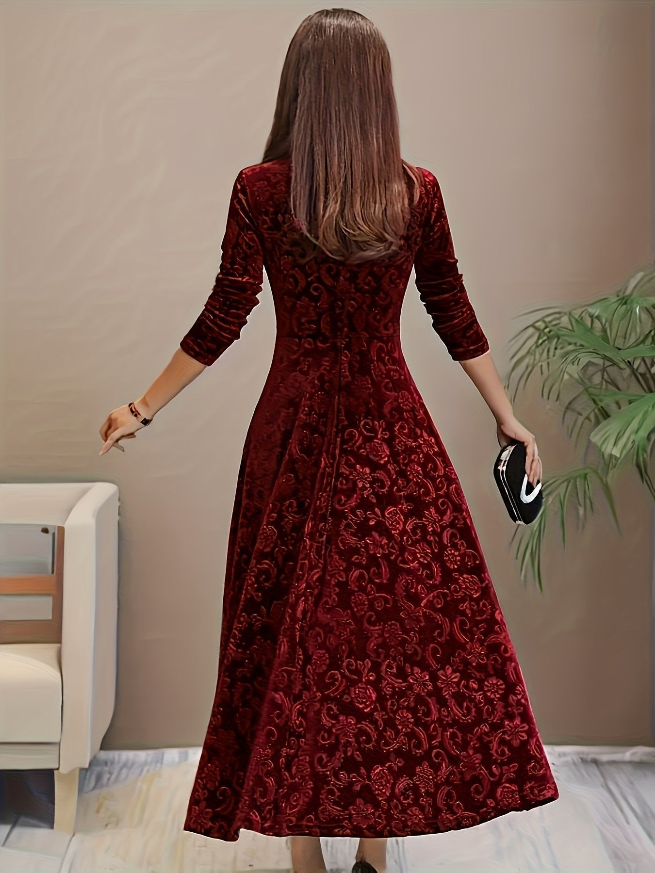 Women's Square-Neck Velvet A-Line Midi Dress with 3/4 Sleeves