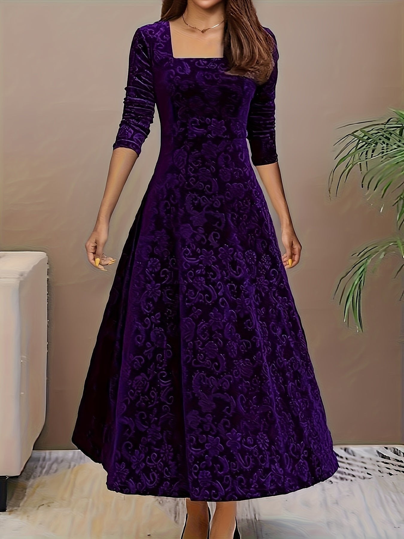 Women's Square-Neck Velvet A-Line Midi Dress with 3/4 Sleeves