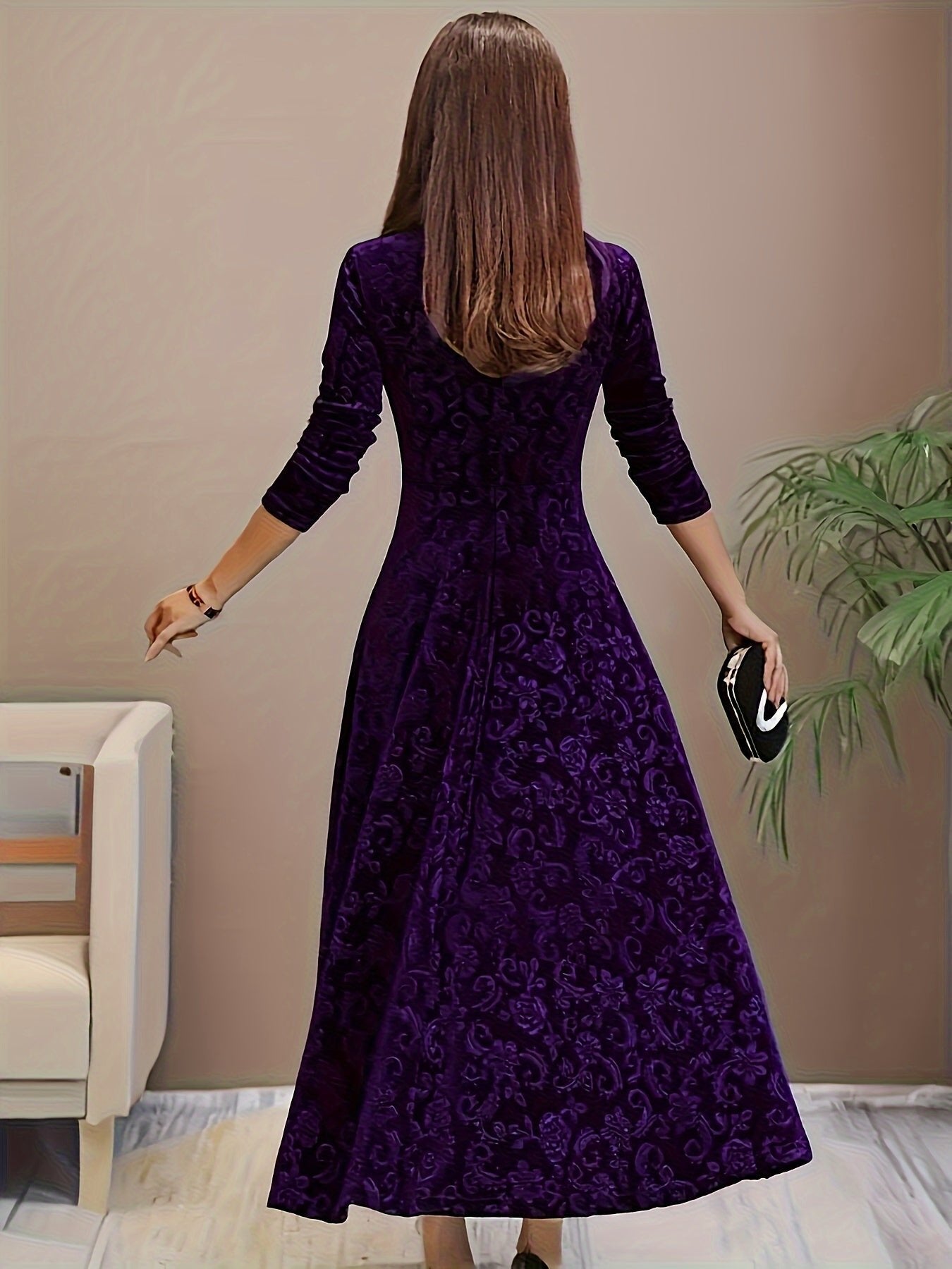 Women's Square-Neck Velvet A-Line Midi Dress with 3/4 Sleeves
