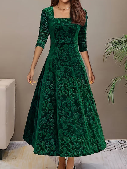 Women's Square-Neck Velvet A-Line Midi Dress with 3/4 Sleeves
