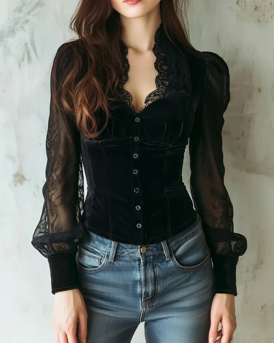 Women's Velvet and Sheer Lace Button-Down Long-Sleeve Blouse