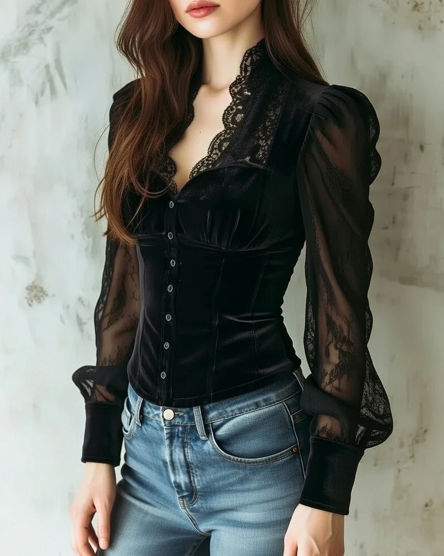 Women's Velvet and Sheer Lace Button-Down Long-Sleeve Blouse