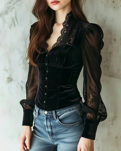 Women's Velvet and Sheer Lace Button-Down Long-Sleeve Blouse