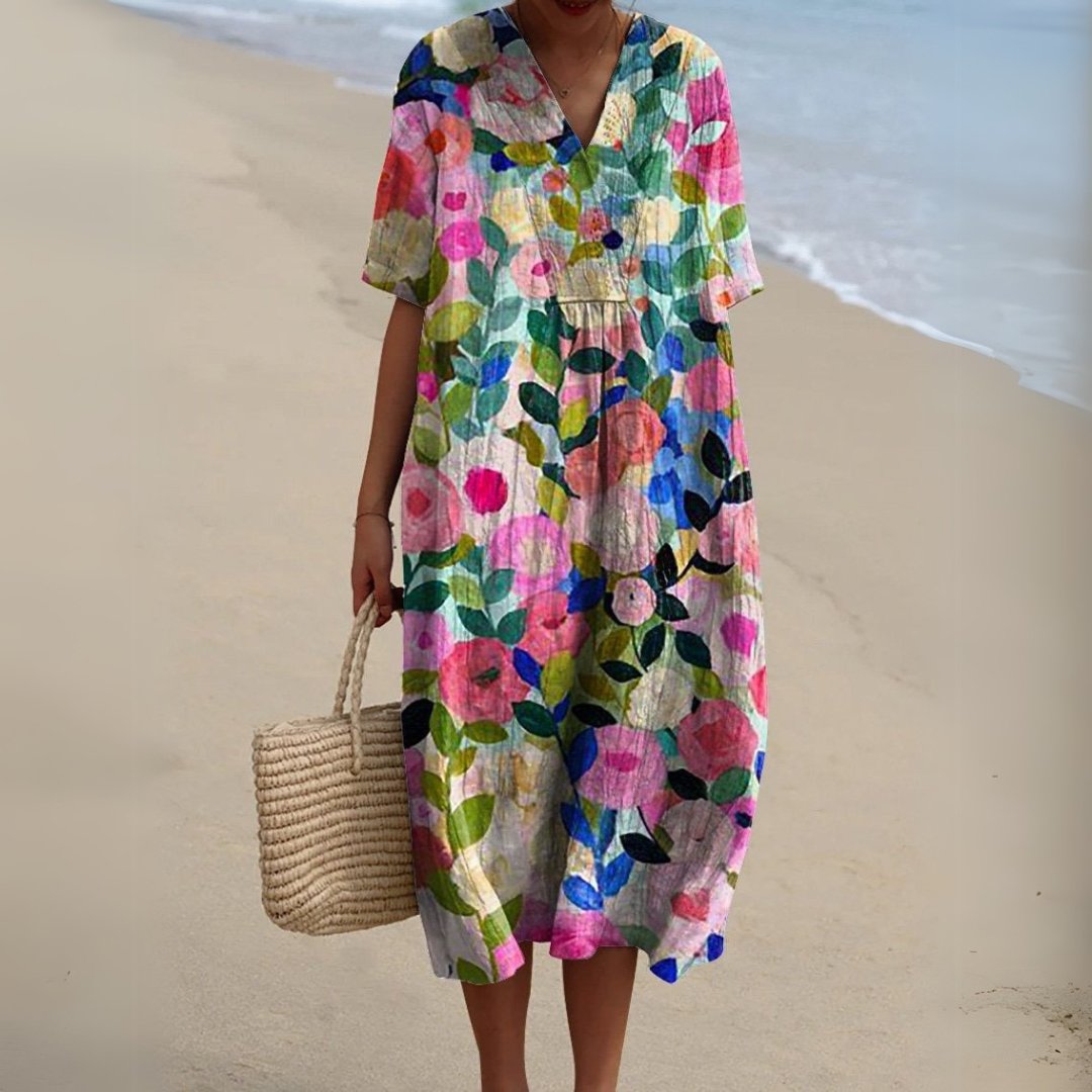 Women's Floral Pattern Short-Sleeve V-Neck Midi Dress
