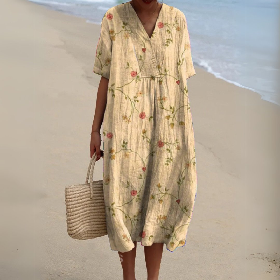 Women's Floral Pattern Short-Sleeve V-Neck Midi Dress