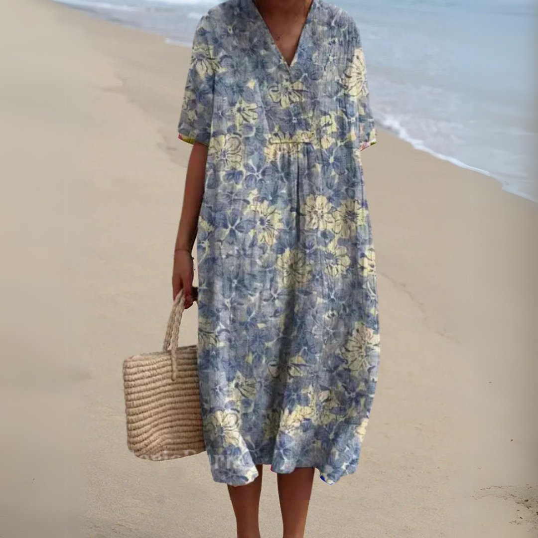 Women's Floral Pattern Short-Sleeve V-Neck Midi Dress