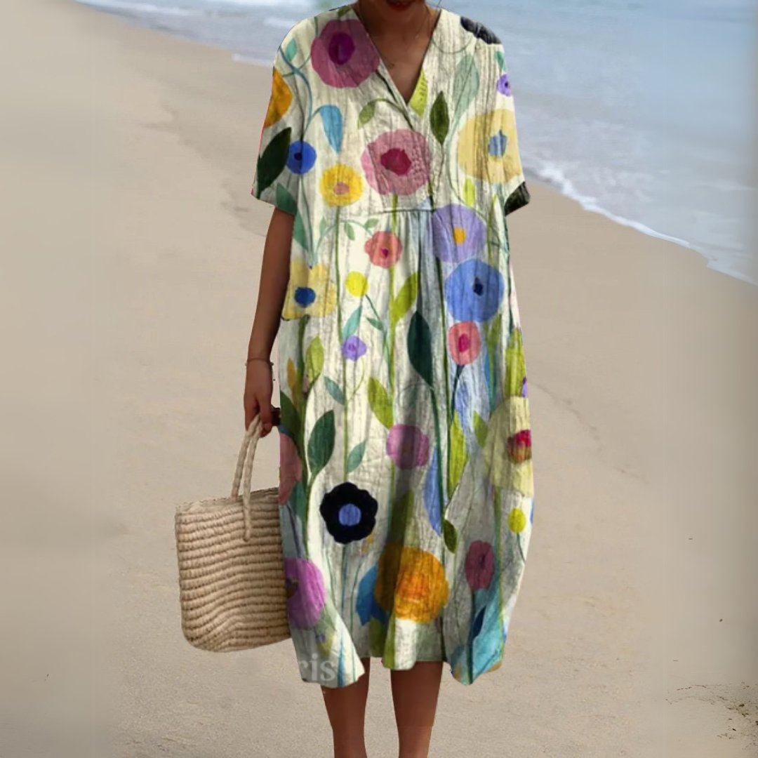 Women's Floral Pattern Short-Sleeve V-Neck Midi Dress