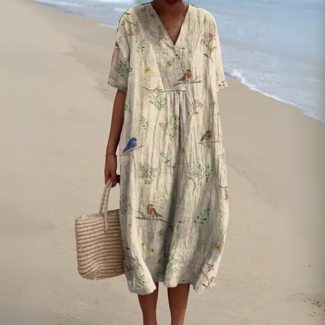 Women's Floral Pattern Short-Sleeve V-Neck Midi Dress