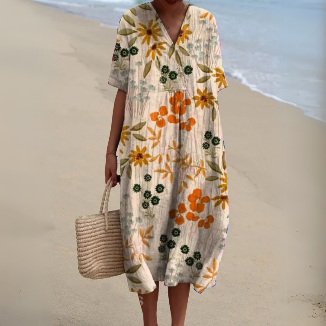 Women's Floral Pattern Short-Sleeve V-Neck Midi Dress