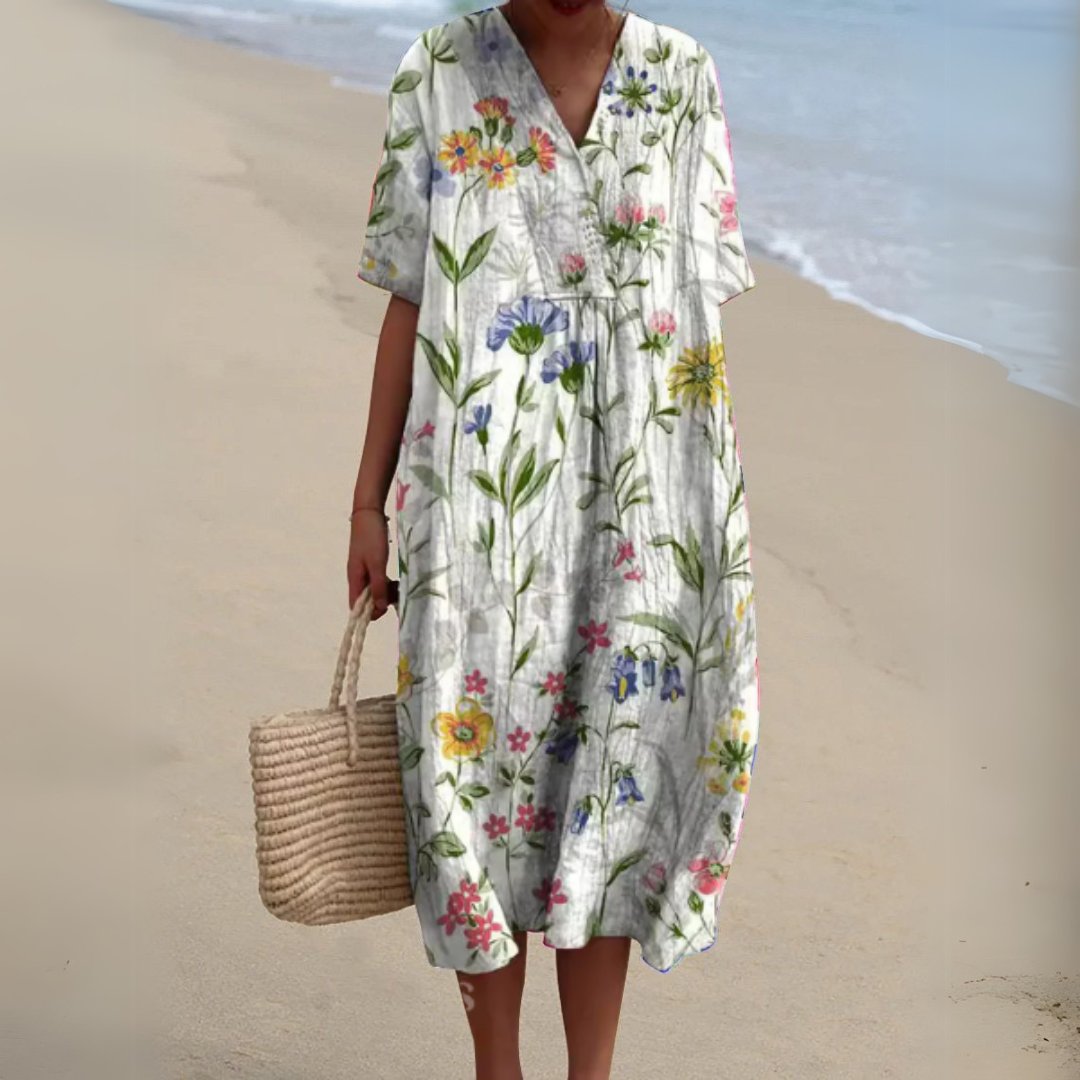 Women's Floral Pattern Short-Sleeve V-Neck Midi Dress