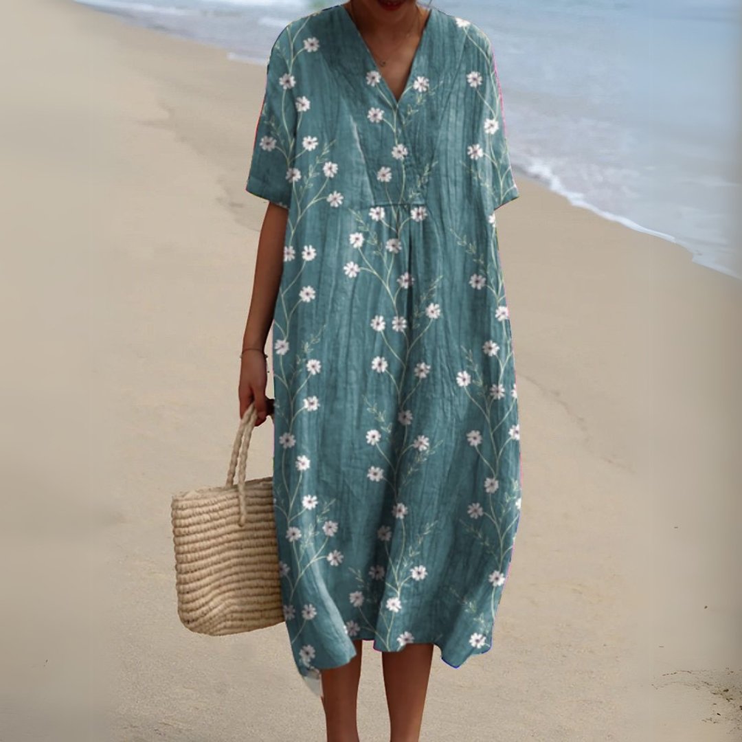 Women's Floral Pattern Short-Sleeve V-Neck Midi Dress