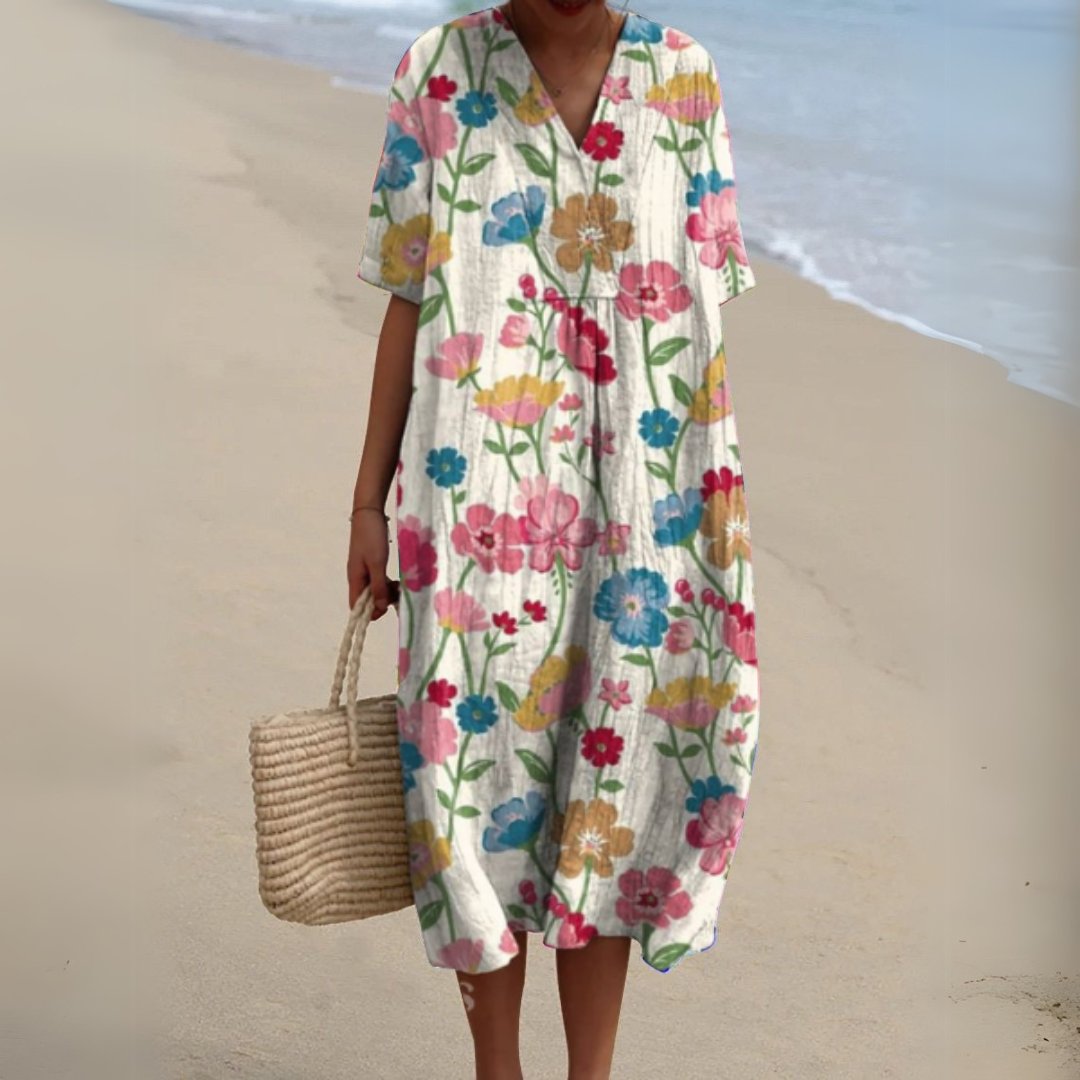 Women's Floral Pattern Short-Sleeve V-Neck Midi Dress