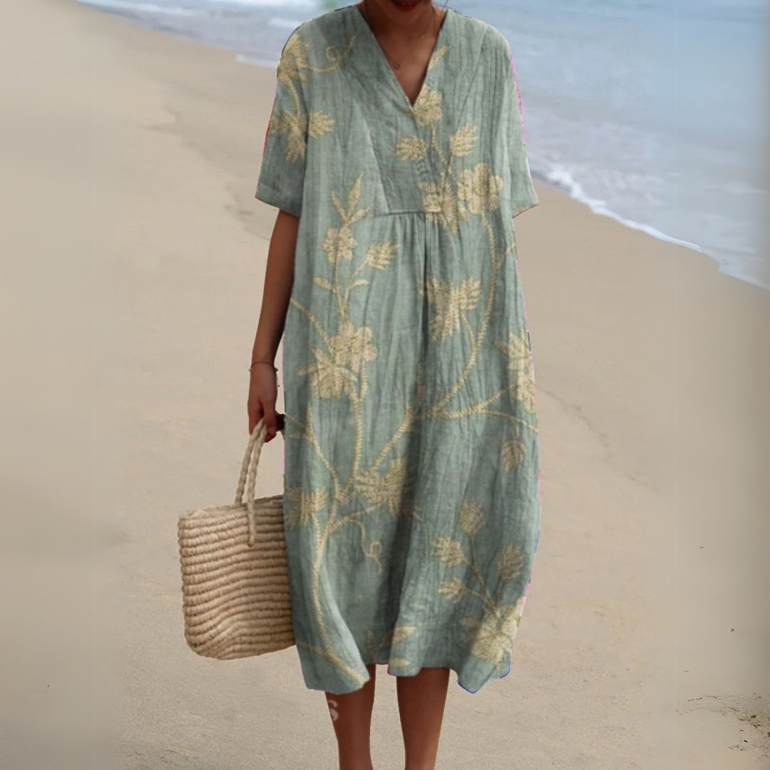 Women's Floral Pattern Short-Sleeve V-Neck Midi Dress