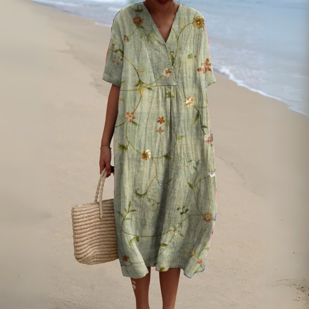 Women's Floral Pattern Short-Sleeve V-Neck Midi Dress