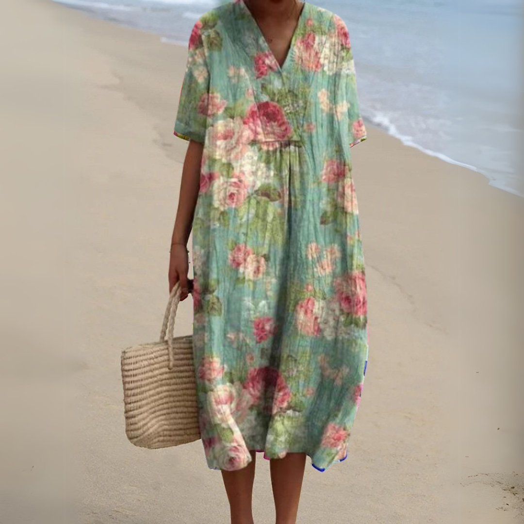 Women's Floral Pattern Short-Sleeve V-Neck Midi Dress