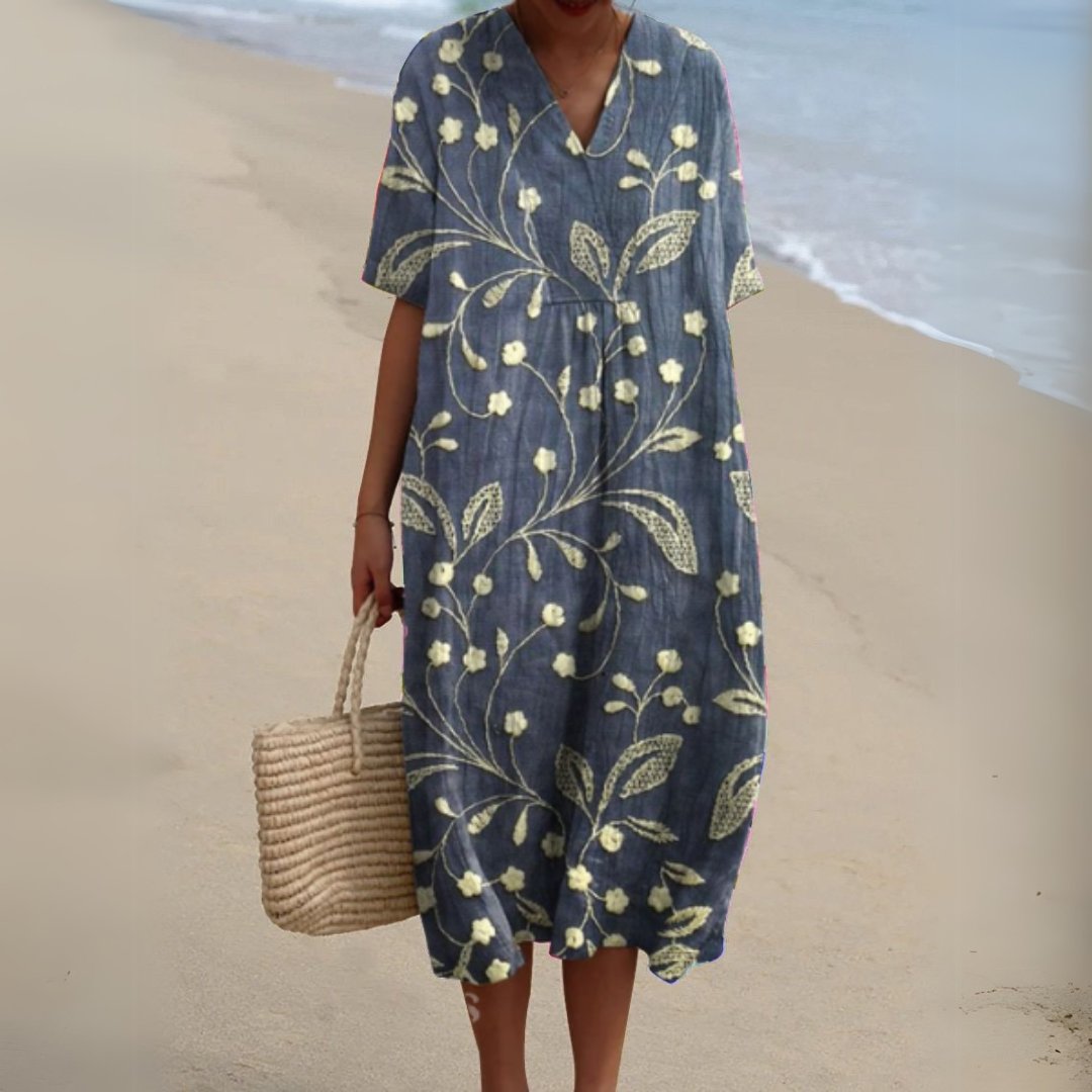 Women's Floral Pattern Short-Sleeve V-Neck Midi Dress