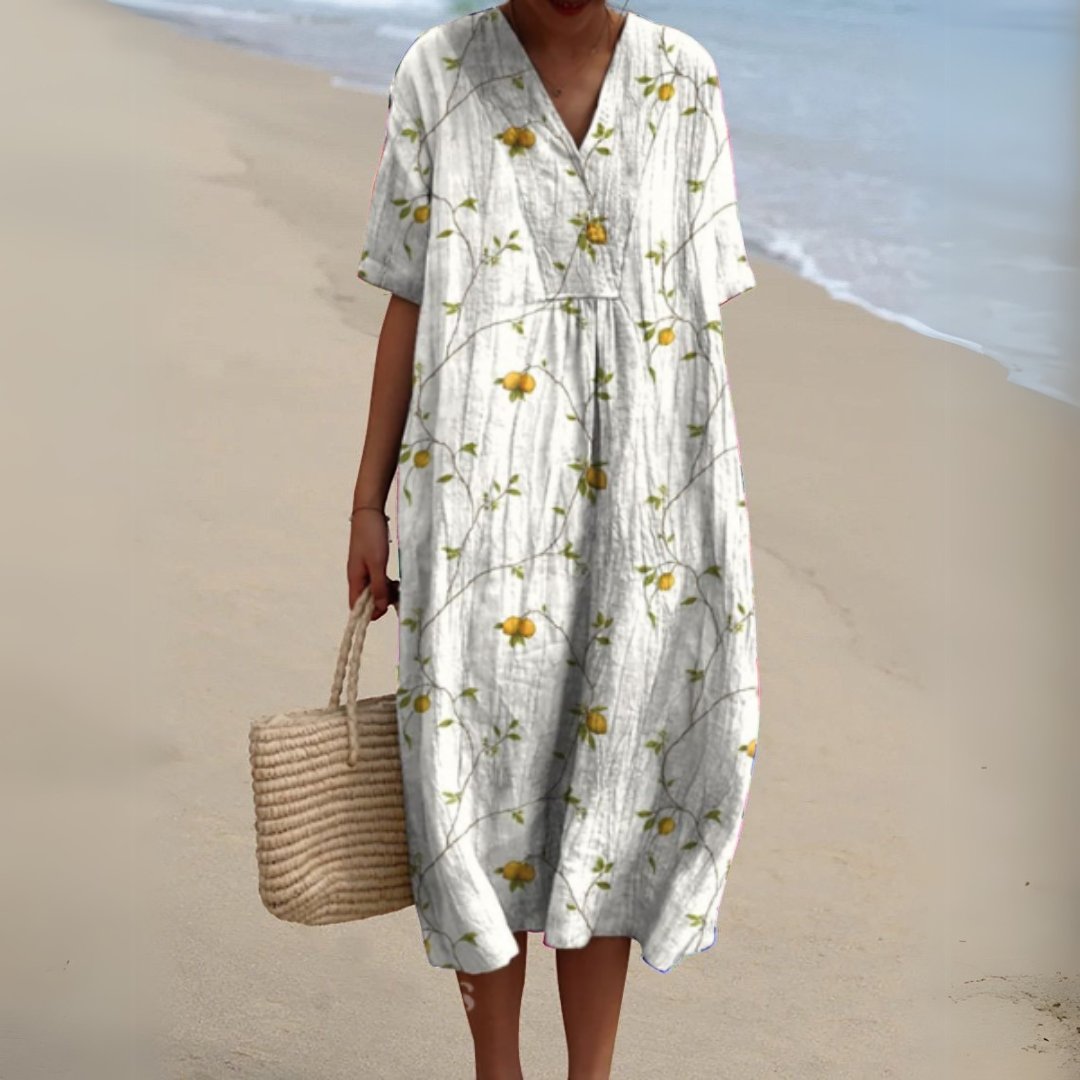Women's Floral Pattern Short-Sleeve V-Neck Midi Dress