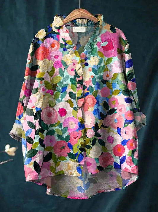 Women's Ruffle-Trim Floral Linen Blouse