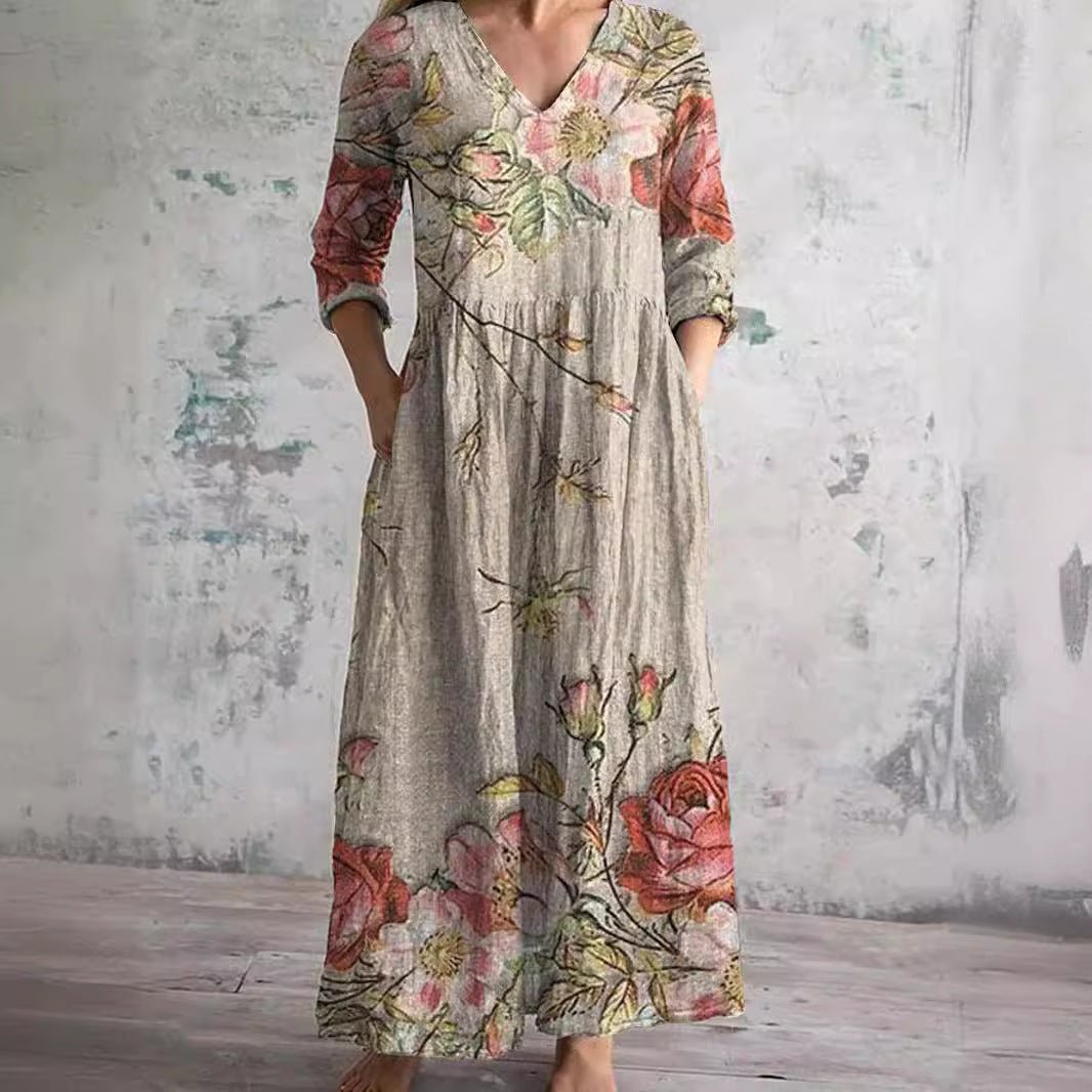 Women's Summer Floral Print V-Neck Maxi Dress