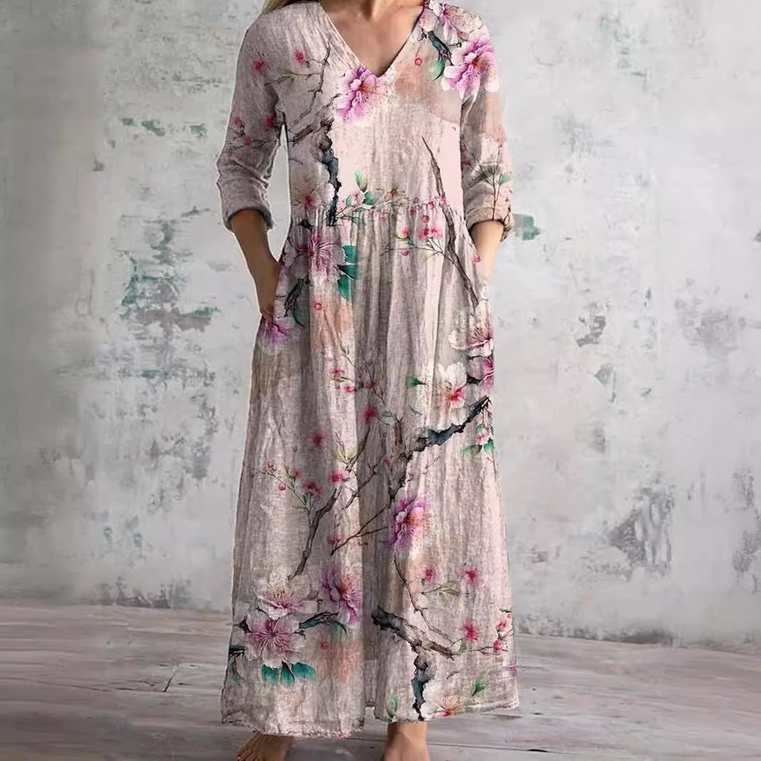 Women's Summer Floral Print V-Neck Maxi Dress