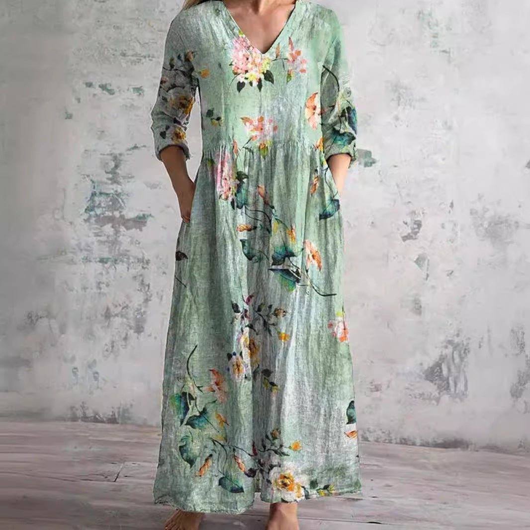 Women's Summer Floral Print V-Neck Maxi Dress