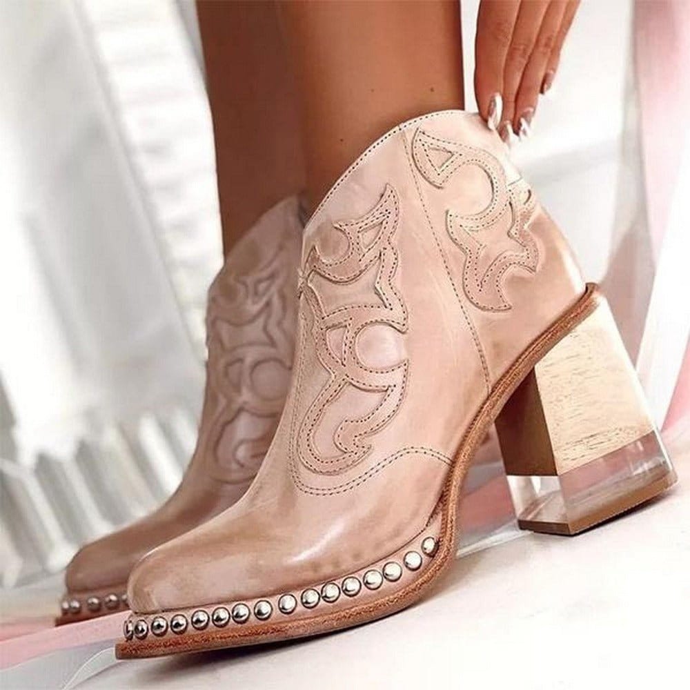 Women's Studded Embroidered Western Ankle Boots with Block Heel