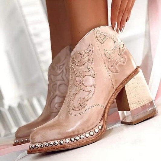 Women's Studded Embroidered Western Ankle Boots with Block Heel