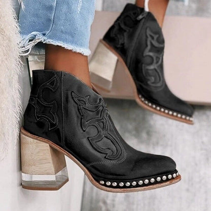 Women's Studded Embroidered Western Ankle Boots with Block Heel