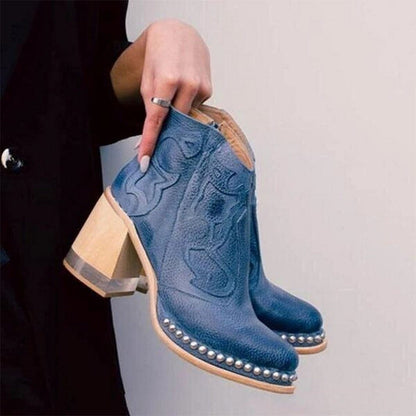 Women's Studded Embroidered Western Ankle Boots with Block Heel