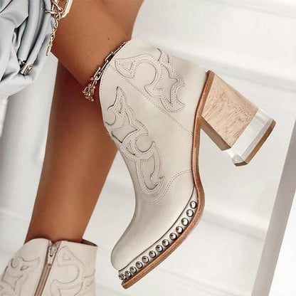 Women's Studded Embroidered Western Ankle Boots with Block Heel