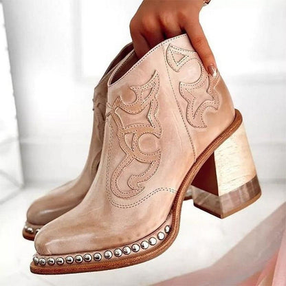 Women's Studded Embroidered Western Ankle Boots with Block Heel