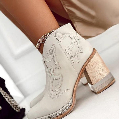 Women's Studded Embroidered Western Ankle Boots with Block Heel