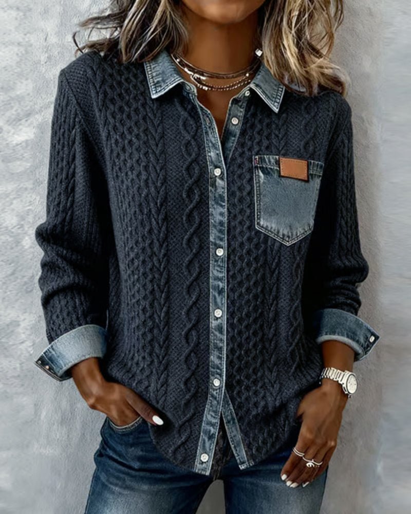 Women's Long-Sleeve Knit Blouse with Denim Patchwork Details