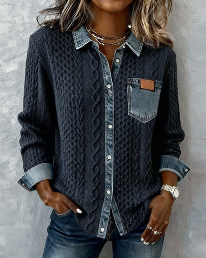 Women's Long-Sleeve Knit Blouse with Denim Patchwork Details