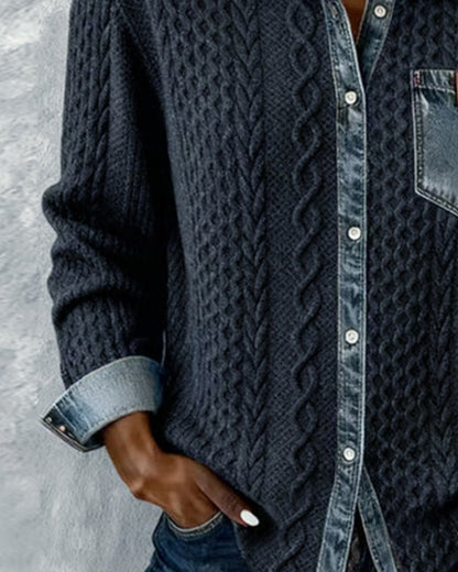 Women's Long-Sleeve Knit Blouse with Denim Patchwork Details