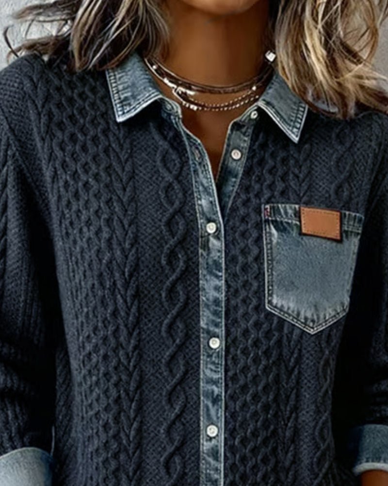 Women's Long-Sleeve Knit Blouse with Denim Patchwork Details