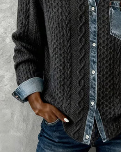 Women's Long-Sleeve Knit Blouse with Denim Patchwork Details
