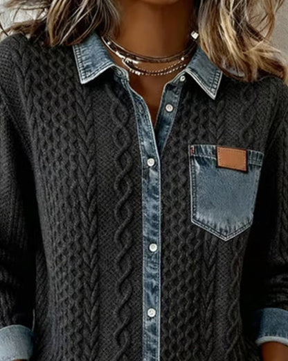 Women's Long-Sleeve Knit Blouse with Denim Patchwork Details