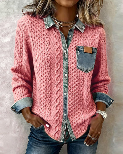 Women's Long-Sleeve Knit Blouse with Denim Patchwork Details