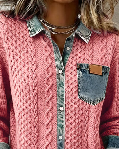 Women's Long-Sleeve Knit Blouse with Denim Patchwork Details
