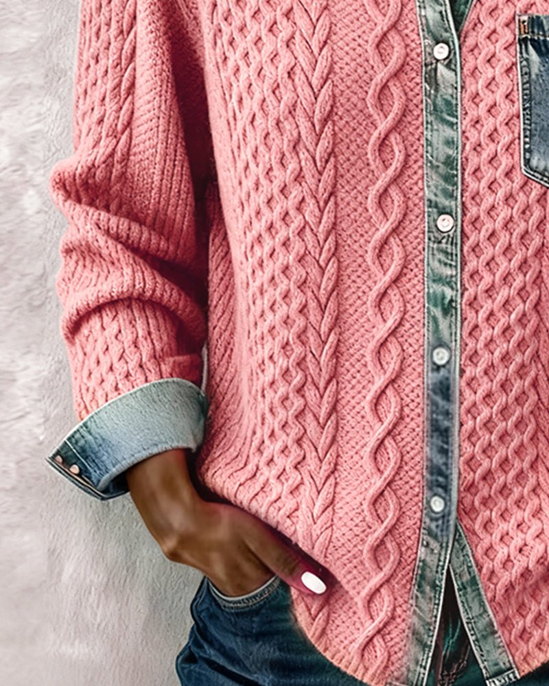 Women's Long-Sleeve Knit Blouse with Denim Patchwork Details