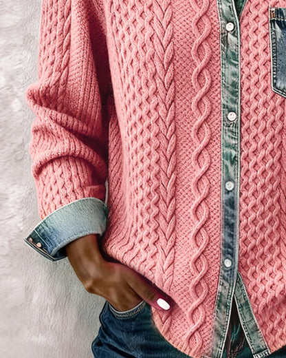Women's Long-Sleeve Knit Blouse with Denim Patchwork Details