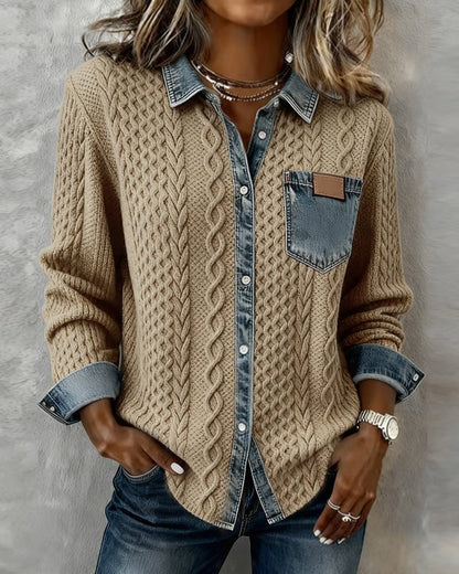 Women's Long-Sleeve Knit Blouse with Denim Patchwork Details
